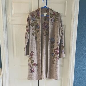 Vintage Tweeds 100% Wool Embroidered Long Sweater Cardigan Gray. Small EUC